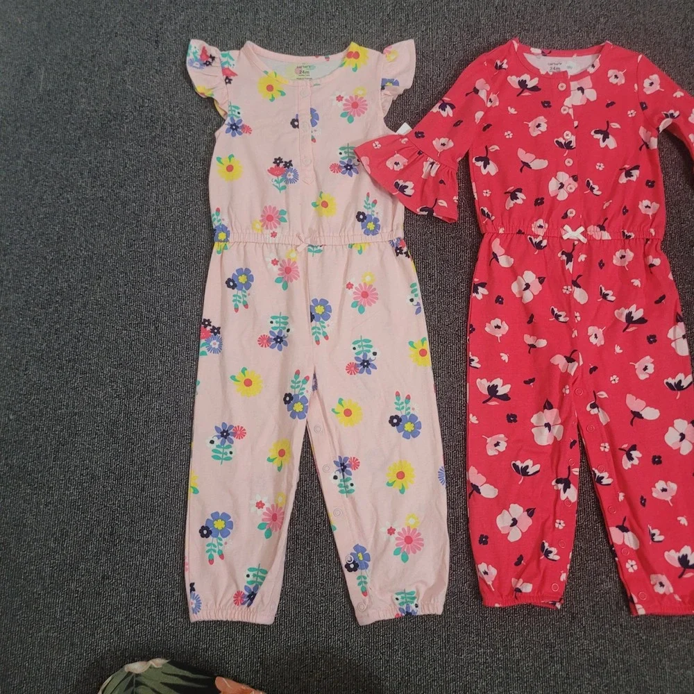 Carter's 24M Jumpsuit Set Toddler Girl Floral Ruffle Bell Sleeve Pink Red 2pk